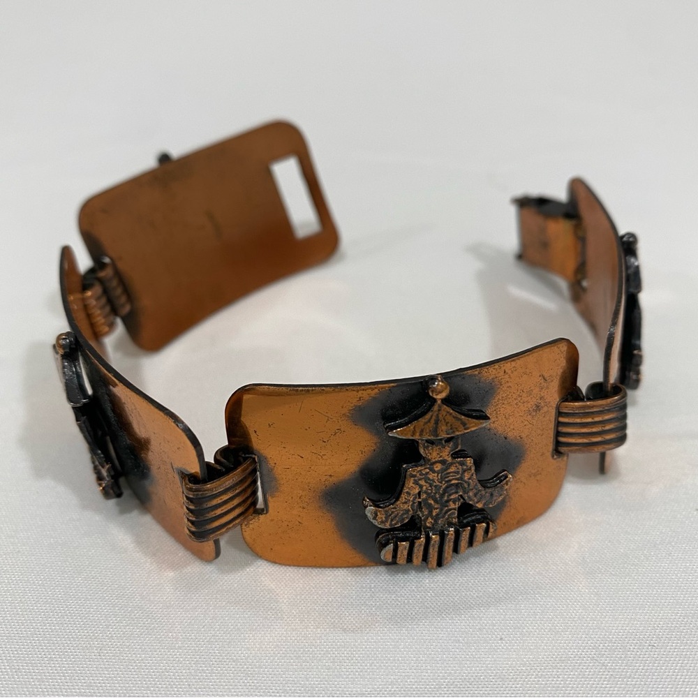 Vintage Copper 3D Abstract Modernist Bracelet with Asian Relief - Unsigned
